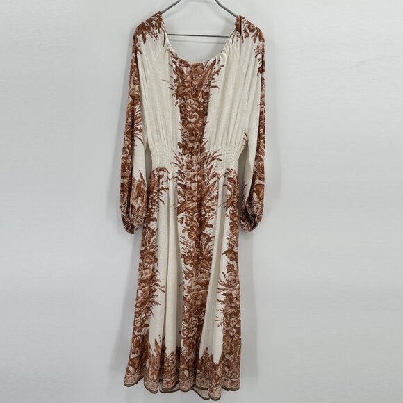 OPT Long Sleeve Linen Blend Midi Dress Ivory/Brown Floral Print size M Medium - Picture 8 of 9